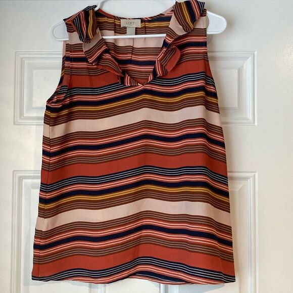 LOFT Tops - Loft Sleeveless Ruffle Collar Striped Blouse Size Small